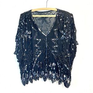 VTG 100%‎ Silk Beaded Top Butterfly Bowie Regency Hollywood Glam Blouse Sequins